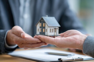 real estate agent holding house model and giving it to custome