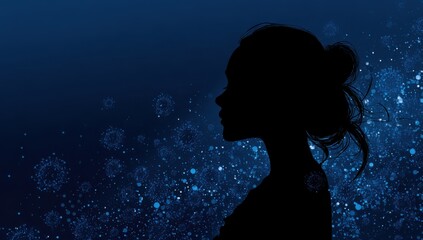 silhouette of a woman in profile against a dark blue background, with numerous coronavirus particles floating around her.