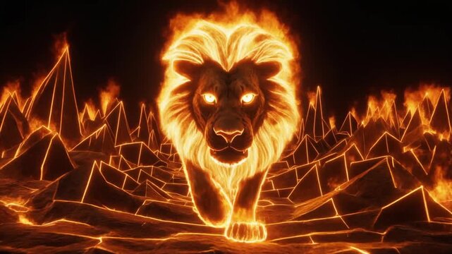 Digital Lion Head with Golden Glowing Mane