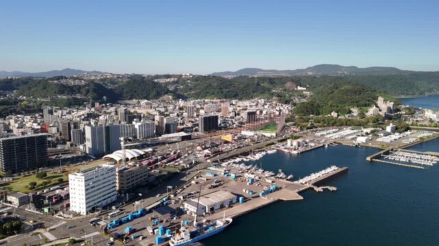 Kagoshima City, Kagoshima Prefecture, Kyushu Island, Japan &ndash; 4K Footage of Seaside City, Urban Streets, Towers, Skylines, Vehicles, Ferries, Sea Port Along Japan Coastline