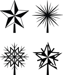Fototapeta premium Set of minimalist christmas tree toppers with black star snowflake and burst icons isolated on white background for holiday greeting cards and winter decor.