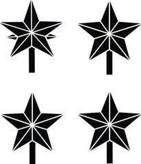 Abstract black star icons collection featuring five pointed geometric shapes on a solid vertical pole base isolated on white background for seasonal decoration.