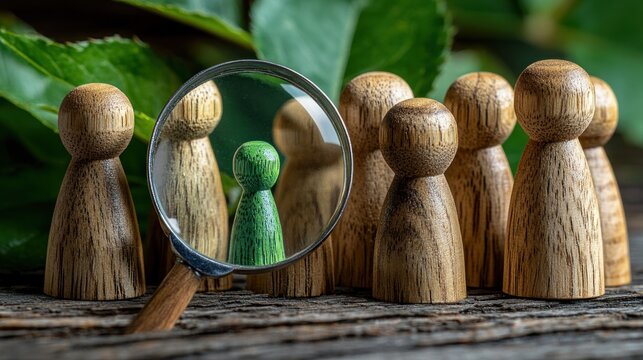 Magnified wooden figure amongst others