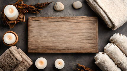 Mockup blank wooden signboard of a massage therapy center surrounded by natural candles and towels