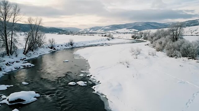 A winding river flows through a pristine, snow-covered winter landscape. Frosty trees and distant mountains create a serene natural vista under a soft sky, capturing the season's quiet beauty. This tr