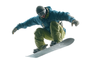 Snowboarder performing an aerial jump trick with dynamic posture and winter gear isolated on transparent background