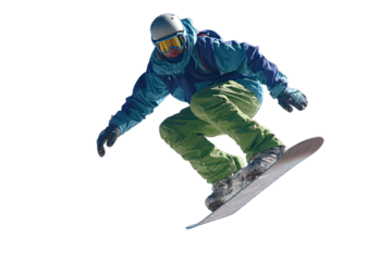 Snowboarder performing an exciting jump in winter sports gear and helmet isolated on transparent background
