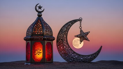 Ornate Islamic Lantern and Crescent Moon with Full Moon and Star Against a Beautiful Sunset Sky, Ramadan Kareem Concept