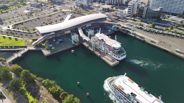 Kagoshima City, Kagoshima Prefecture, Kyushu Island, Japan &ndash; 4K Footage of Seaside City, Urban Streets, Towers, Skylines, Vehicles, Ferries in the Station, Sea Port