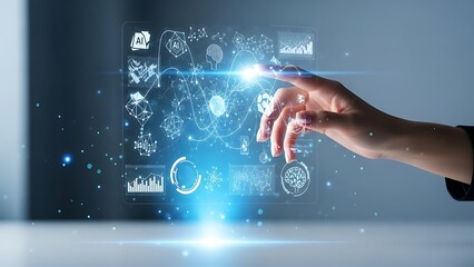 Hand interacting with a glowing digital interface, representing advanced AI, big data, and innovative technology concepts for future transformation and scientific progress