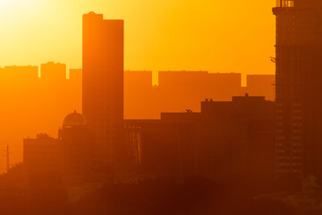 Urban development of Vladivostok at dawn. Bright dawn in Vladivostok.