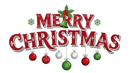 Merry christmas greeting with ornaments and holly on white background festive holiday design element