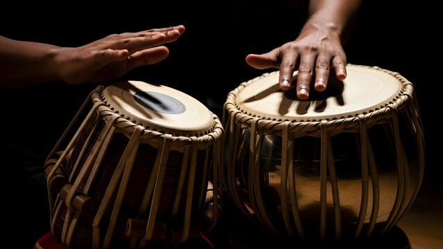 Close-up view of hands playing traditional Indian tabla drums, highlighting rhythm, culture, and musical expression