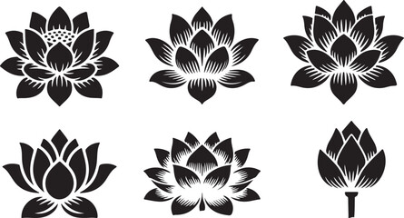 Lotus flower designs in black and white, symbolic and decorative. Six lotus flower images in various black and white designs, perfect for logo design, print, or digital media.