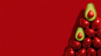Christmas tree made of avocados and red ornaments on a vibrant red background, showcasing a unique holiday decoration concept with copy space