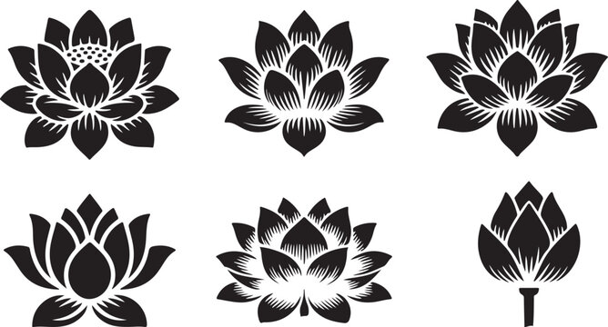 Lotus flower designs in black and white, symbolic and decorative. Six lotus flower images in various black and white designs, perfect for logo design, print, or digital media.