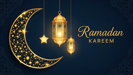 Ramadan Kareem Greeting with Sparkling Golden Crescent Moon, Stars, and Traditional Lanterns