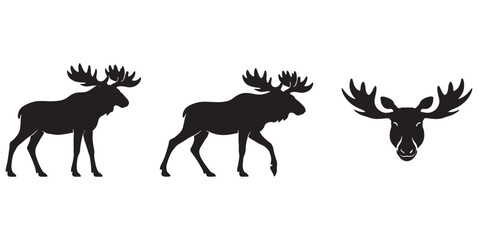 Obraz premium Moose Silhouette Set – Walking Moose, Standing Moose and Head Icon