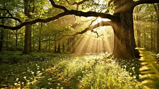 Sunlight streaming through ancient trees in a vibrant green forest, creating a magical and serene natural landscape.