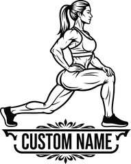Athletic fitness woman doing lunges workout with customisation name frame for gym logo bodybuilding training female athlete vector illustration isolated on white.