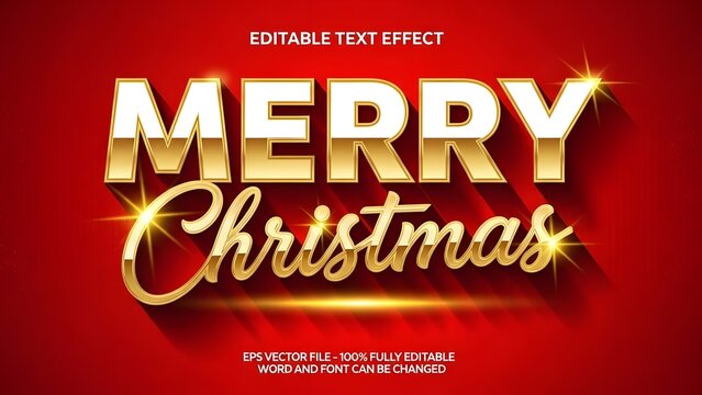 Editable text effect merry christmas in gold letters on red background for holiday greeting cards and festive decorations