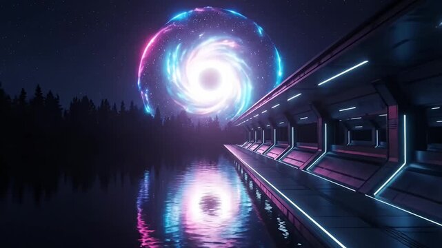 This captivating futuristic landscape depicts a mesmerizing cosmic phenomenon reflecting vividly upon a serene body of water under a star-dusted night sky. A colossal, glowing orb of swirling neon ene
