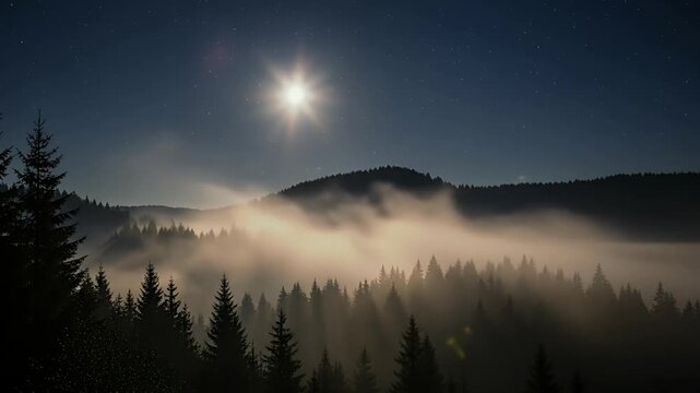 This captivating video captures a breathtaking panoramic view of a dense forest landscape under a celestial night sky. A brilliant, ethereal light source, possibly the moon, illuminates the scene, cas