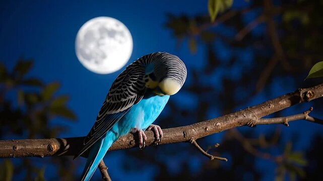 Blue Budgie Perched on Branch Under Full Moon