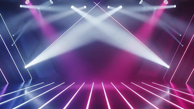 This dynamic abstract background features an empty stage illuminated by an array of powerful spotlights in vivid pink, blue, and white hues. The intense beams of light dynamically sweep across the ref