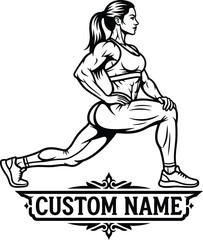 Fitness woman lunging vector illustration of a muscular female athlete training isolated on white background for gym workout and bodybuilding health logo design.