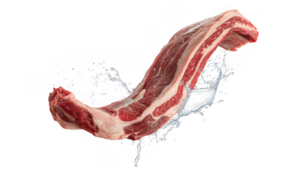 Raw pork ribs with water splash on black raw meat isolated on a transparent background