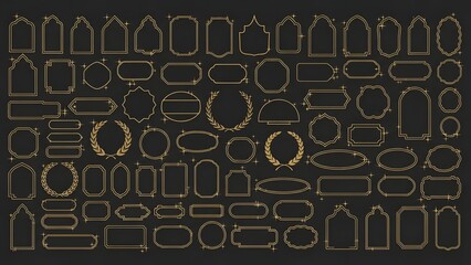 Collection of various gold outlined shapes on black background for design and decoration purposes