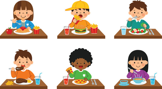 Set of diverse children characters eating different meals including pasta, burgers, salad, steak, pizza, and soup for nutrition education and school cafeteria concepts.