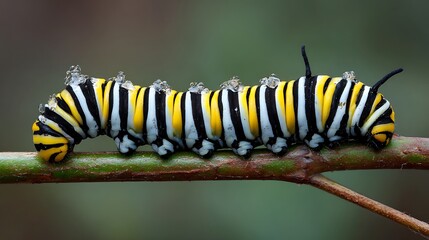 Naklejka premium A vibrant green monarch butterfly larva exhibits a macro eating a plant leaf during its natural metamorphosis