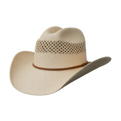 Straw cowboy hat with brown leather band and woven straw hat woven beige hat isolated on a transparent background