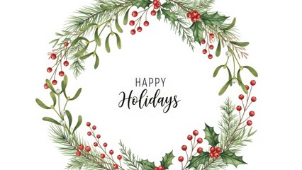 Christmas wreath with holly berries and a red ribbon on a white background forms an evergreen fir branch frame for holiday celebration card designs with winter pine and New Year ornament decorations
