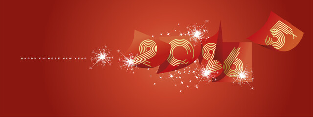 Happy Chinese new year 2026 and the end Year of Snake 2025. Winter holiday greeting card design template on red background. New year of Horse 2026 and the end of 2025 calendar sheets sparkle firework
