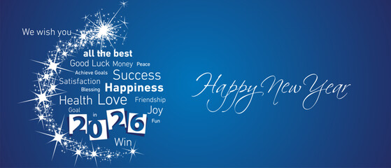 Fototapeta na wymiar Happy New Year 2026 white negative space numbers abstract stars shaped christmas ball ornament wordcloud text white blue background vector greeting card