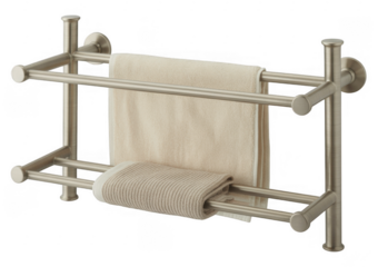 Towel Rack with Two Towels in Beige Color metal bathroom isolated on a transparent background