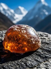mountain landscape in, Dark brown Shilajit resin oozes from cracks in rugged Himalayan rock surface. Golden undertones glisten on the earthy mineral deposit. Majestic snowy mountains rise in backgroun