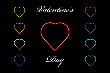 Glowing suit neon hearts icon set