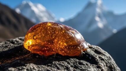 mountain landscape in, Dark brown Shilajit resin oozes from cracks in rugged Himalayan rock surface. Golden undertones glisten on the earthy mineral deposit. Majestic snowy mountains rise in backgroun