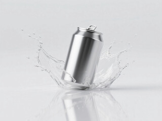 Aluminum Beverage Can Splashing into Water on Clean White Background