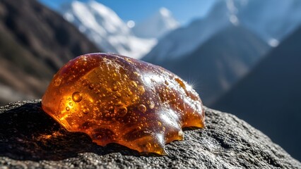 mountain landscape in, Dark brown Shilajit resin oozes from cracks in rugged Himalayan rock surface. Golden undertones glisten on the earthy mineral deposit. Majestic snowy mountains rise in backgroun