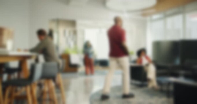 People, coworking and timelapse with blur in creative workspace or busy team for project or tasks. Group, employees or agency working together in fast pace environment for productivity in office