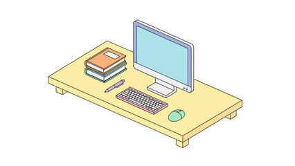 minimalist computer workstation setup with books, keyboard, mouse and monitor on a simple desk