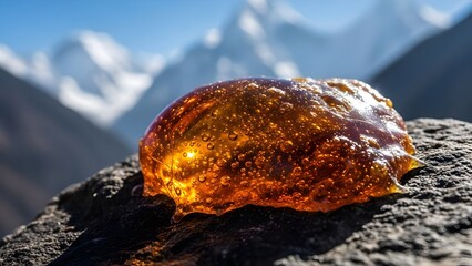 mountain landscape in, Dark brown Shilajit resin oozes from cracks in rugged Himalayan rock surface. Golden undertones glisten on the earthy mineral deposit. Majestic snowy mountains rise in backgroun