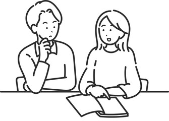 家計について話し合う30代夫婦のイラスト　線画のみ