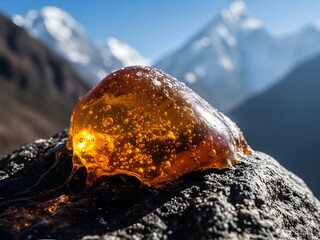 mountain landscape in, Dark brown Shilajit resin oozes from cracks in rugged Himalayan rock surface. Golden undertones glisten on the earthy mineral deposit. Majestic snowy mountains rise in backgroun
