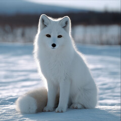 Obraz premium White fox sitting in snowy landscape, fluffy fur, alert expression, winter scene, cold weather, arctic environment, natural beauty